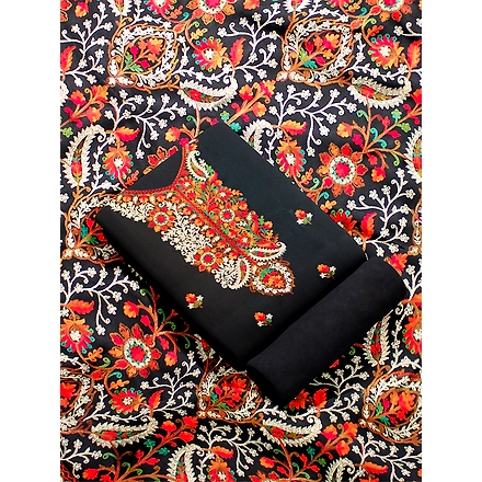 CASMIR WOMEN BLACK  ZARI EMBROIDERY PASHMINA STOLE Combine UNSTITCHED SUIT &amp; SALWAR (NAAZ101)-BLACK-4