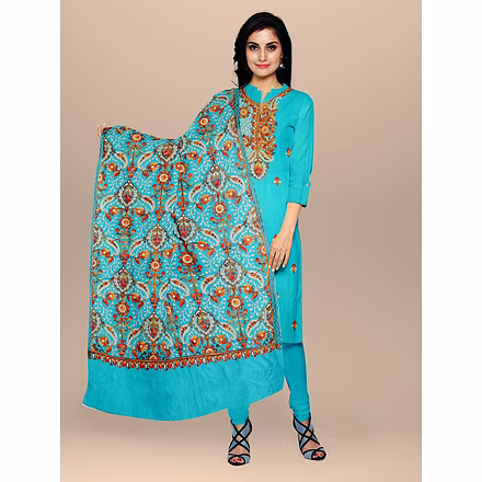 CASMIR WOMEN C.GREEN  ZARI EMBROIDERY PASHMINA STOLE Combine UNSTITCHED SUIT &amp; SALWAR (NAAZ101)-NAAZ101-C-GREEN