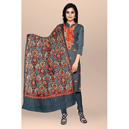 CASMIR WOMEN GREY ZARI EMBROIDERY PASHMINA STOLE Combine UNSTITCHED SUIT &amp; SALWAR (NAAZ101)-NAAZ101-GREY