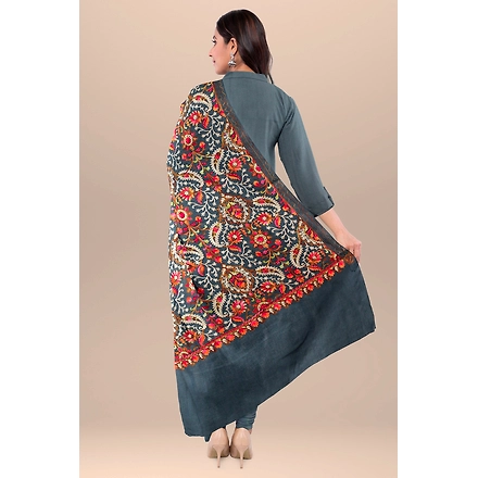 CASMIR WOMEN GREY ZARI EMBROIDERY PASHMINA STOLE Combine UNSTITCHED SUIT &amp; SALWAR (NAAZ101)-GREY-1