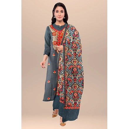 CASMIR WOMEN GREY ZARI EMBROIDERY PASHMINA STOLE Combine UNSTITCHED SUIT &amp; SALWAR (NAAZ101)-GREY-2