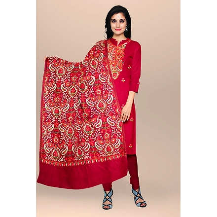 CASMIR WOMEN MAROON ZARI EMBROIDERY PASHMINA STOLE Combine UNSTITCHED SUIT &amp; SALWAR (NAAZ101)-NAAZ101-MAROON