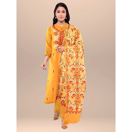 CASMIR WOMEN MUSTARD ZARI EMBROIDERY PASHMINA STOLE Combine UNSTITCHED SUIT &amp; SALWAR (NAAZ101)-MUSTARD-3