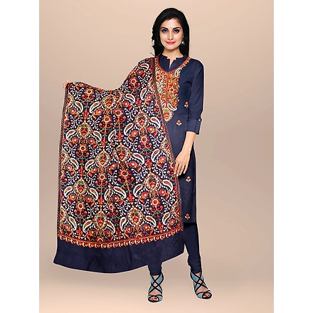 CASMIR WOMEN NAVY ZARI EMBROIDERY PASHMINA STOLE Combine UNSTITCHED SUIT &amp; SALWAR (NAAZ101)-NAAZ101-NAVY