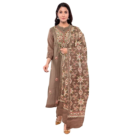 CASMIR WOMEN BEIGE ZARI EMBROIDERY PASHMINA STOLE Combine UNSTITCHED SUIT &amp; SALWAR (NAAZ107)-BEIGE-2