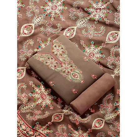 CASMIR WOMEN BEIGE ZARI EMBROIDERY PASHMINA STOLE Combine UNSTITCHED SUIT &amp; SALWAR (NAAZ107)-BEIGE-4