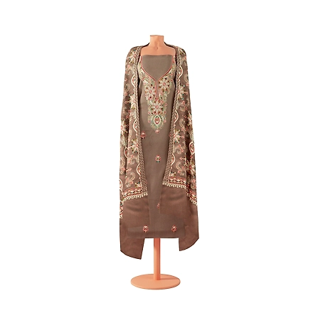 CASMIR WOMEN BEIGE ZARI EMBROIDERY PASHMINA STOLE Combine UNSTITCHED SUIT &amp; SALWAR (NAAZ107)-BEIGE-5