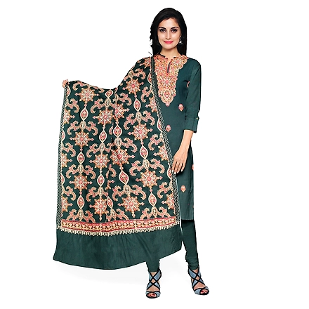 CASMIR WOMEN GREEN ZARI EMBROIDERY PASHMINA STOLE Combine UNSTITCHED SUIT &amp; SALWAR (NAAZ107)-NAAZ107-B-GREEN
