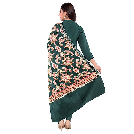 CASMIR WOMEN GREEN ZARI EMBROIDERY PASHMINA STOLE Combine UNSTITCHED SUIT &amp; SALWAR (NAAZ107)-GREEN-1