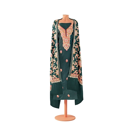 CASMIR WOMEN GREEN ZARI EMBROIDERY PASHMINA STOLE Combine UNSTITCHED SUIT &amp; SALWAR (NAAZ107)-GREEN-5