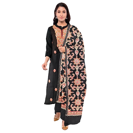CASMIR WOMEN BLACK  ZARI EMBROIDERY PASHMINA STOLE Combine UNSTITCHED SUIT &amp; SALWAR (NAAZ107)-BLACK-2