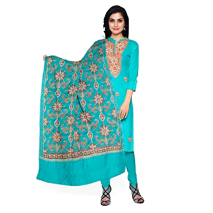 CASMIR WOMEN C.GREEN  ZARI EMBROIDERY PASHMINA STOLE Combine UNSTITCHED SUIT &amp; SALWAR (NAAZ107)-NAAZ107-FIROZI