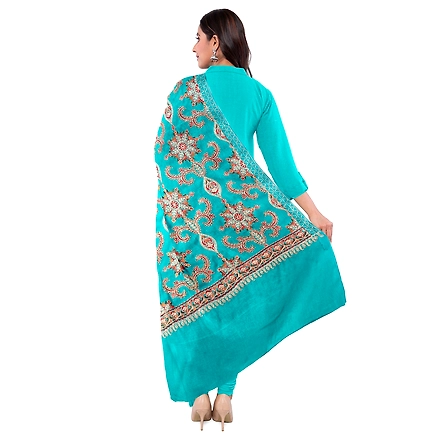CASMIR WOMEN C.GREEN  ZARI EMBROIDERY PASHMINA STOLE Combine UNSTITCHED SUIT &amp; SALWAR (NAAZ107)-C.GREEN-1
