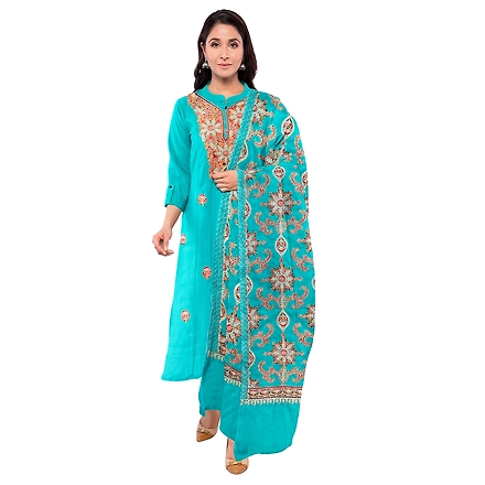 CASMIR WOMEN C.GREEN  ZARI EMBROIDERY PASHMINA STOLE Combine UNSTITCHED SUIT &amp; SALWAR (NAAZ107)-C.GREEN-3