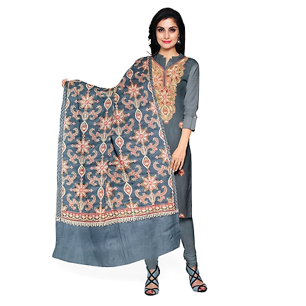 CASMIR WOMEN GREY ZARI EMBROIDERY PASHMINA STOLE Combine UNSTITCHED SUIT &amp; SALWAR (NAAZ107)-NAAZ107-GREY