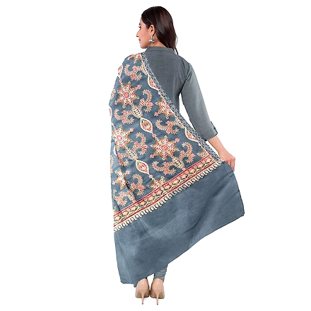 CASMIR WOMEN GREY ZARI EMBROIDERY PASHMINA STOLE Combine UNSTITCHED SUIT &amp; SALWAR (NAAZ107)-GREY-1