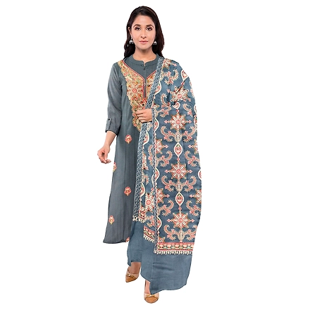 CASMIR WOMEN GREY ZARI EMBROIDERY PASHMINA STOLE Combine UNSTITCHED SUIT &amp; SALWAR (NAAZ107)-GREY-2