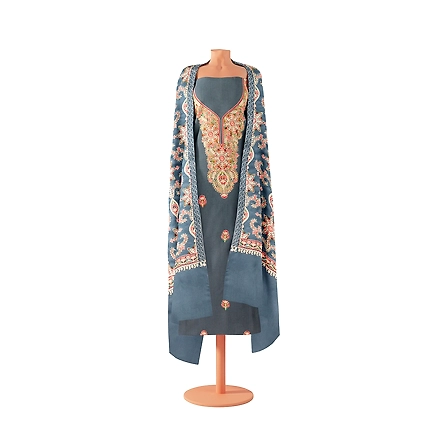 CASMIR WOMEN GREY ZARI EMBROIDERY PASHMINA STOLE Combine UNSTITCHED SUIT &amp; SALWAR (NAAZ107)-GREY-5