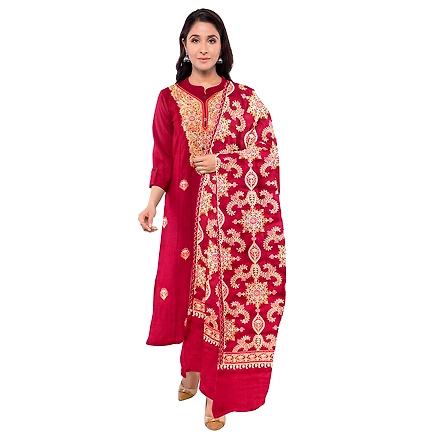CASMIR WOMEN MAROON ZARI EMBROIDERY PASHMINA STOLE Combine UNSTITCHED SUIT &amp; SALWAR (NAAZ107)-MAROON-2