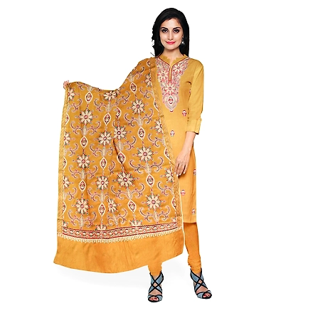 CASMIR WOMEN MUSTARD ZARI EMBROIDERY PASHMINA STOLE Combine UNSTITCHED SUIT &amp; SALWAR (NAAZ107)-NAAZ107-MUSTARD