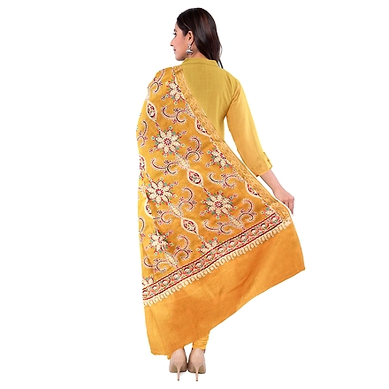 CASMIR WOMEN MUSTARD ZARI EMBROIDERY PASHMINA STOLE Combine UNSTITCHED SUIT &amp; SALWAR (NAAZ107)-MUSTARD-1