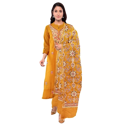 CASMIR WOMEN MUSTARD ZARI EMBROIDERY PASHMINA STOLE Combine UNSTITCHED SUIT &amp; SALWAR (NAAZ107)-MUSTARD-3