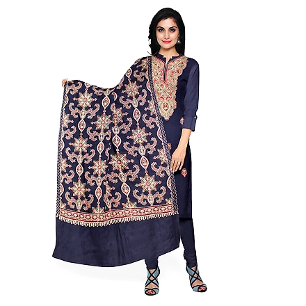 CASMIR WOMEN NAVY ZARI EMBROIDERY PASHMINA STOLE Combine UNSTITCHED SUIT &amp; SALWAR (NAAZ107)-NAAZ107-NAVY