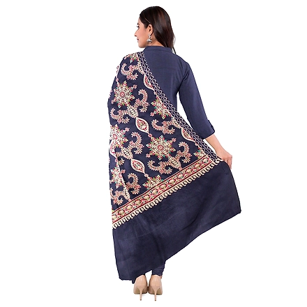 CASMIR WOMEN NAVY ZARI EMBROIDERY PASHMINA STOLE Combine UNSTITCHED SUIT &amp; SALWAR (NAAZ107)-NAVY-1