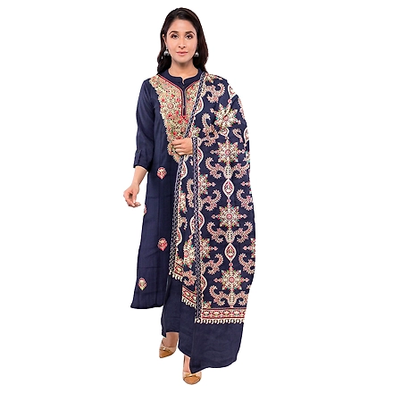 CASMIR WOMEN NAVY ZARI EMBROIDERY PASHMINA STOLE Combine UNSTITCHED SUIT &amp; SALWAR (NAAZ107)-NAVY-2