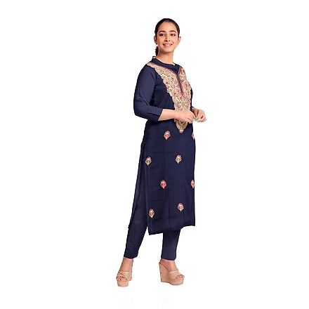 CASMIR WOMEN NAVY ZARI EMBROIDERY PASHMINA STOLE Combine UNSTITCHED SUIT &amp; SALWAR (NAAZ107)-NAVY-3