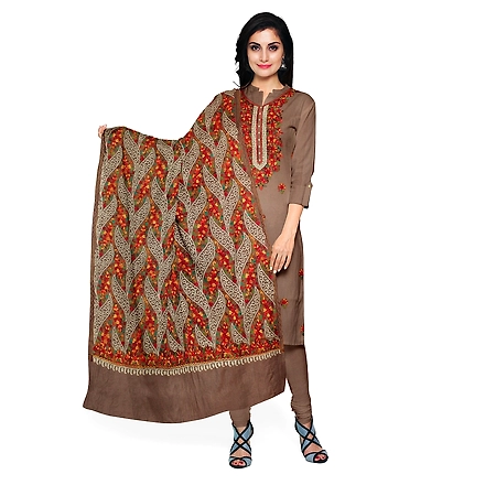 CASMIR WOMEN BEIGE ZARI EMBROIDERY PASHMINA STOLE Combine UNSTITCHED SUIT &amp; SALWAR (NAAZ102)-NAAZ102-BEIGE