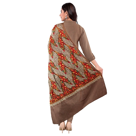 CASMIR WOMEN BEIGE ZARI EMBROIDERY PASHMINA STOLE Combine UNSTITCHED SUIT &amp; SALWAR (NAAZ102)-BEIGE-1