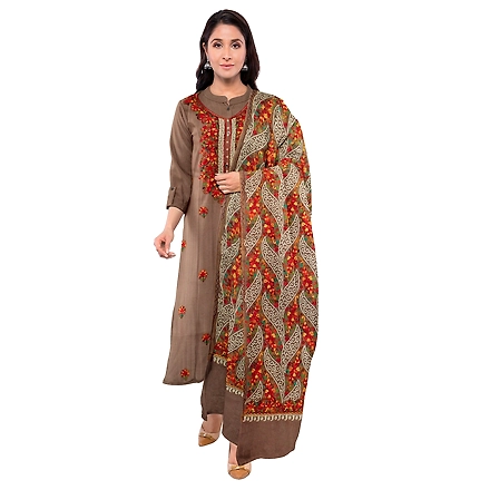 CASMIR WOMEN BEIGE ZARI EMBROIDERY PASHMINA STOLE Combine UNSTITCHED SUIT &amp; SALWAR (NAAZ102)-BEIGE-3