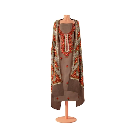 CASMIR WOMEN BEIGE ZARI EMBROIDERY PASHMINA STOLE Combine UNSTITCHED SUIT &amp; SALWAR (NAAZ102)-BEIGE-5
