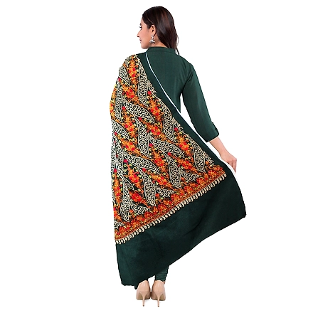CASMIR WOMEN GREEN ZARI EMBROIDERY PASHMINA STOLE Combine UNSTITCHED SUIT &amp; SALWAR (NAAZ102)-GREEN-1