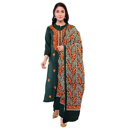 CASMIR WOMEN GREEN ZARI EMBROIDERY PASHMINA STOLE Combine UNSTITCHED SUIT &amp; SALWAR (NAAZ102)-GREEN-3