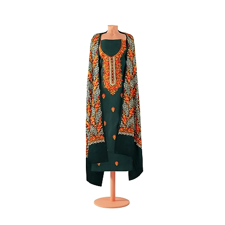 CASMIR WOMEN GREEN ZARI EMBROIDERY PASHMINA STOLE Combine UNSTITCHED SUIT &amp; SALWAR (NAAZ102)-GREEN-5