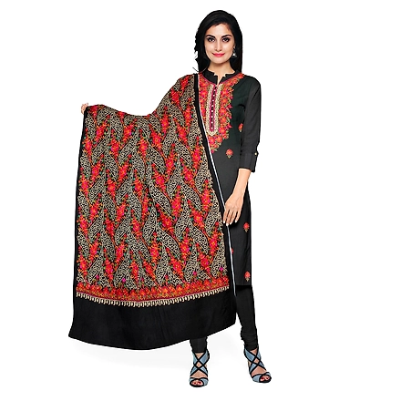 CASMIR WOMEN BLACK  ZARI EMBROIDERY PASHMINA STOLE Combine UNSTITCHED SUIT &amp; SALWAR (NAAZ102)-NAAZ102-BLACK