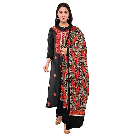 CASMIR WOMEN BLACK  ZARI EMBROIDERY PASHMINA STOLE Combine UNSTITCHED SUIT &amp; SALWAR (NAAZ102)-BLACK-3