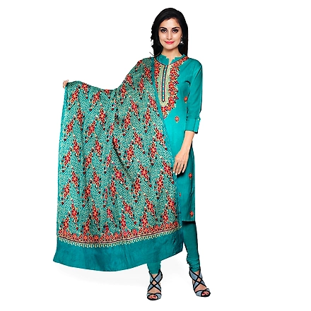 CASMIR WOMEN C.GREEN  ZARI EMBROIDERY PASHMINA STOLE Combine UNSTITCHED SUIT &amp; SALWAR (NAAZ102)-NAAZ102-FIROZI