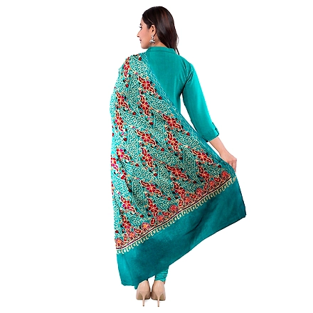 CASMIR WOMEN C.GREEN  ZARI EMBROIDERY PASHMINA STOLE Combine UNSTITCHED SUIT &amp; SALWAR (NAAZ102)-C.GREEN-1