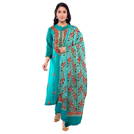 CASMIR WOMEN C.GREEN  ZARI EMBROIDERY PASHMINA STOLE Combine UNSTITCHED SUIT &amp; SALWAR (NAAZ102)-C.GREEN-3