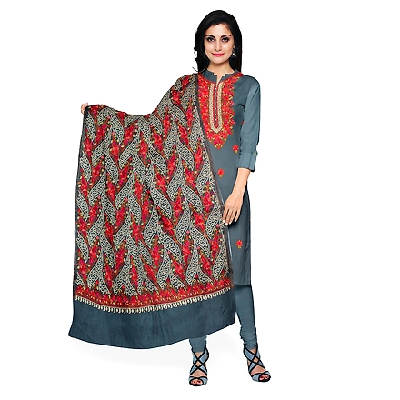 CASMIR WOMEN GREY ZARI EMBROIDERY PASHMINA STOLE Combine UNSTITCHED SUIT &amp; SALWAR (NAAZ102)-NAAZ102-GREY
