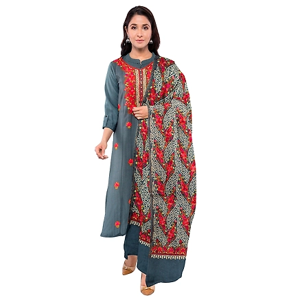 CASMIR WOMEN GREY ZARI EMBROIDERY PASHMINA STOLE Combine UNSTITCHED SUIT &amp; SALWAR (NAAZ102)-GREY-3