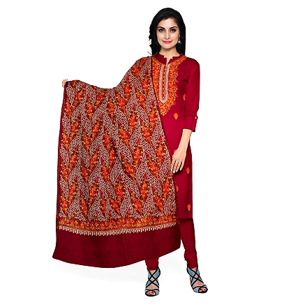 CASMIR WOMEN MAROON ZARI EMBROIDERY PASHMINA STOLE Combine UNSTITCHED SUIT &amp; SALWAR (NAAZ102)-NAAZ102-MAROON