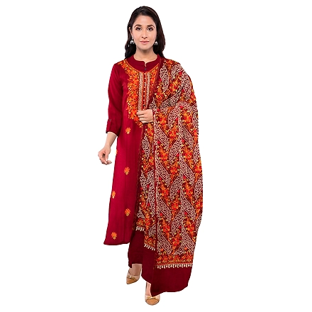 CASMIR WOMEN MAROON ZARI EMBROIDERY PASHMINA STOLE Combine UNSTITCHED SUIT &amp; SALWAR (NAAZ102)-MAROON-3