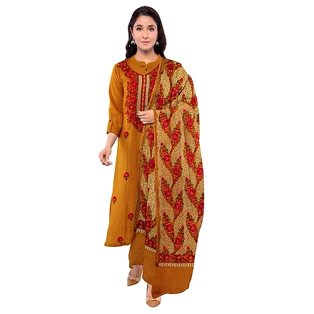 CASMIR WOMEN MUSTARD ZARI EMBROIDERY PASHMINA STOLE Combine UNSTITCHED SUIT &amp; SALWAR (NAAZ102)-MUSTARD-3