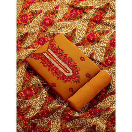 CASMIR WOMEN MUSTARD ZARI EMBROIDERY PASHMINA STOLE Combine UNSTITCHED SUIT &amp; SALWAR (NAAZ102)-MUSTARD-4