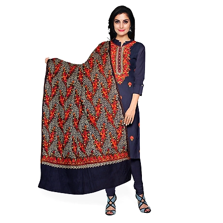 CASMIR WOMEN NAVY ZARI EMBROIDERY PASHMINA STOLE Combine UNSTITCHED SUIT &amp; SALWAR (NAAZ102)-NAAZ102-NAVY