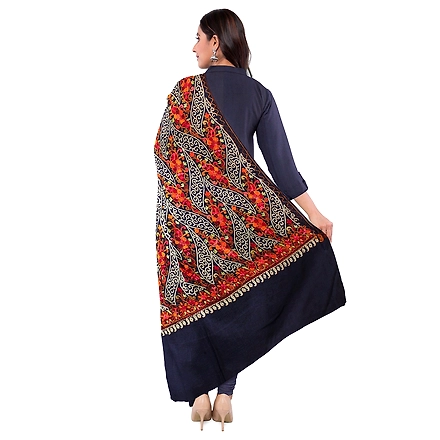 CASMIR WOMEN NAVY ZARI EMBROIDERY PASHMINA STOLE Combine UNSTITCHED SUIT &amp; SALWAR (NAAZ102)-NAVY-1
